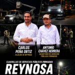 Carlos Peña Ortiz y Antonio Chávez Herrera supervisan el trabajo nocturno de cuadrillas de Servicios Públicos en Reynosa